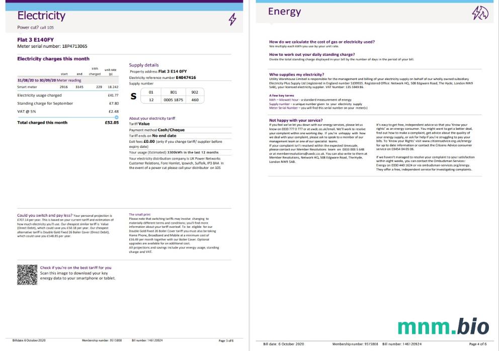 United Kingdom pożytek Warehouse elektryczność rachunek za media template in Word i PDF format (6 strony) 3 4